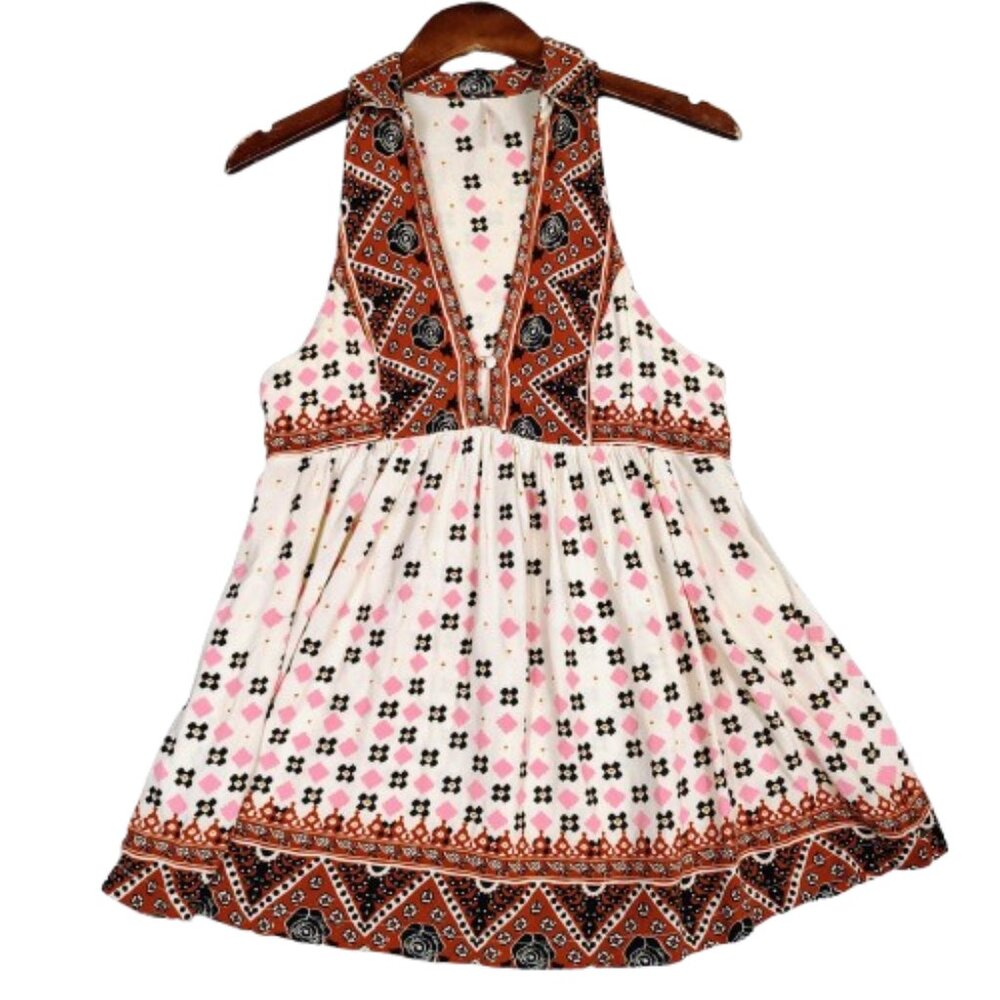 Free People Charlotte Tunic Top Women's Small Cream Multi Floral Racerback Boho
